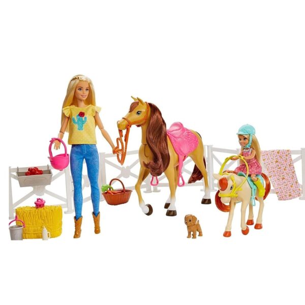 Barbie Playset and Chelsea Blonde Dolls, 2 Horses with Bobbling Heads and 15+ Toy Accessories