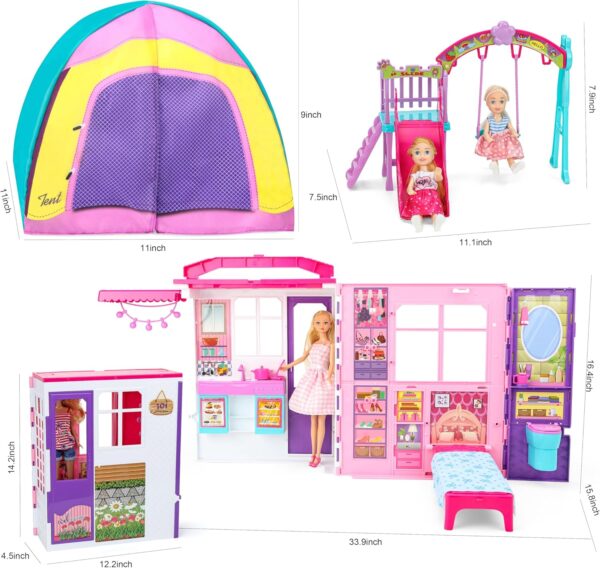 Doll House Portable & Foldable Dollhouse w/ 60+ Pcs & 2 Dolls, Play House Toy with Bedroom Kitchen Furniture Camping Playset, Playhouse Birthday Gift for Girl Kid Toddler - Image 2