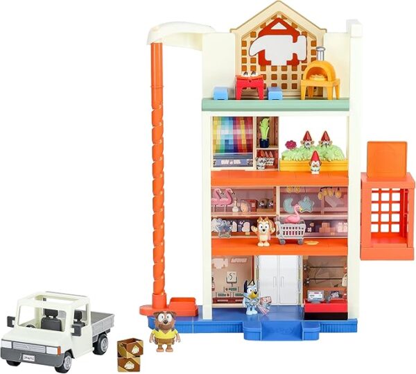 Bluey Hammerbarn Shopping Center Mega Set, 4 Level, 22" Tall Playset with Working Lift and Trolley Return,
