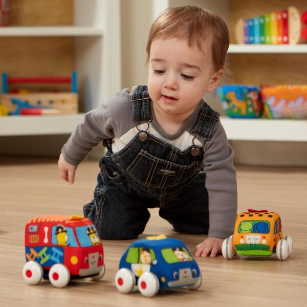 Melissa & Doug K's Kids Pull-Back Vehicle Set - Soft Baby Toy Set With 4 Cars and Trucks and Carrying Case - Image 3