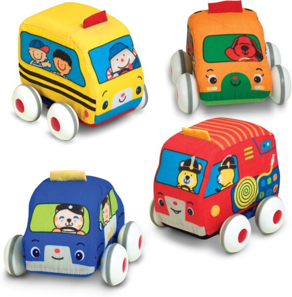 Melissa & Doug K's Kids Pull-Back Vehicle Set - Soft Baby Toy Set With 4 Cars and Trucks and Carrying Case