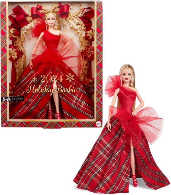 Barbie Signature Doll, 2024 Holiday Blonde Fashion Doll Wearing Gown with Plaid Skirt,