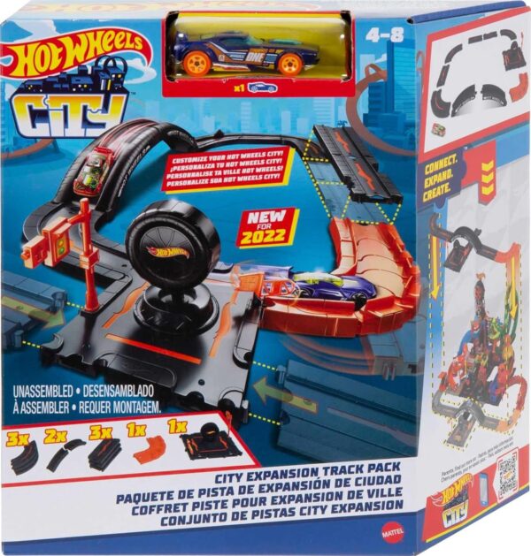 Hot Wheels Toy Car Track Set Pack, 10 Track-Building Parts with City Square