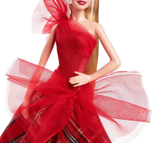 Barbie Signature Doll, 2024 Holiday Blonde Fashion Doll Wearing Gown with Plaid Skirt, - Image 3