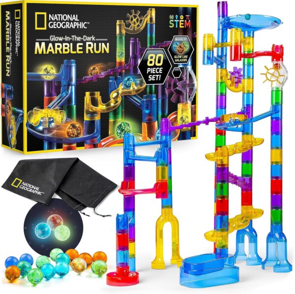 NATIONAL GEOGRAPHIC Glowing Marble Run – Construction Set with 15 Glow in The Dark Glass Marbles &
