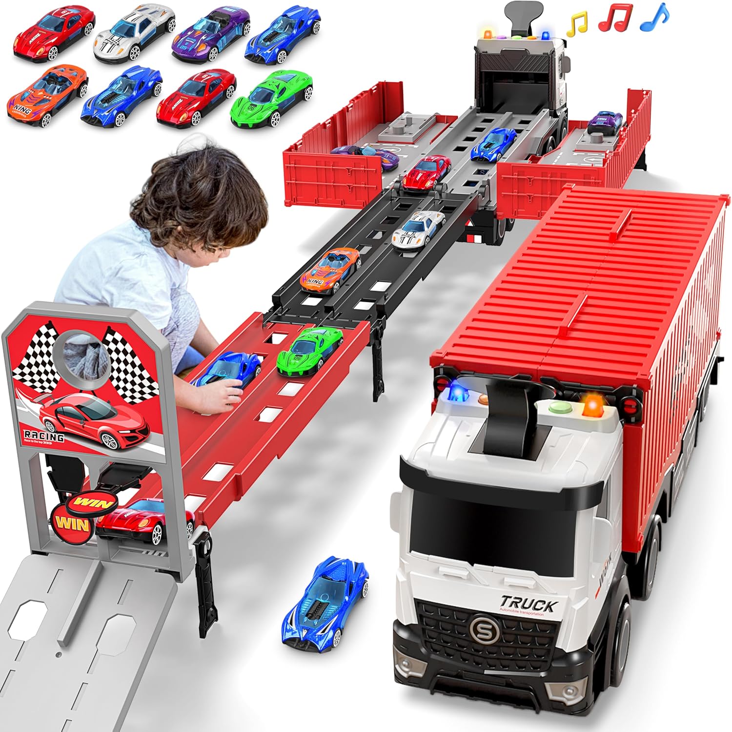 Carrier Truck Race Track Kids Toys, Foldable 3 Layer Car Race Track Playset, Toy Truck