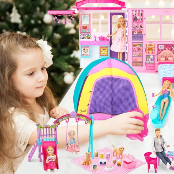 Doll House Portable & Foldable Dollhouse w/ 60+ Pcs & 2 Dolls, Play House Toy with Bedroom Kitchen Furniture Camping Playset, Playhouse Birthday Gift for Girl Kid Toddler - Image 4