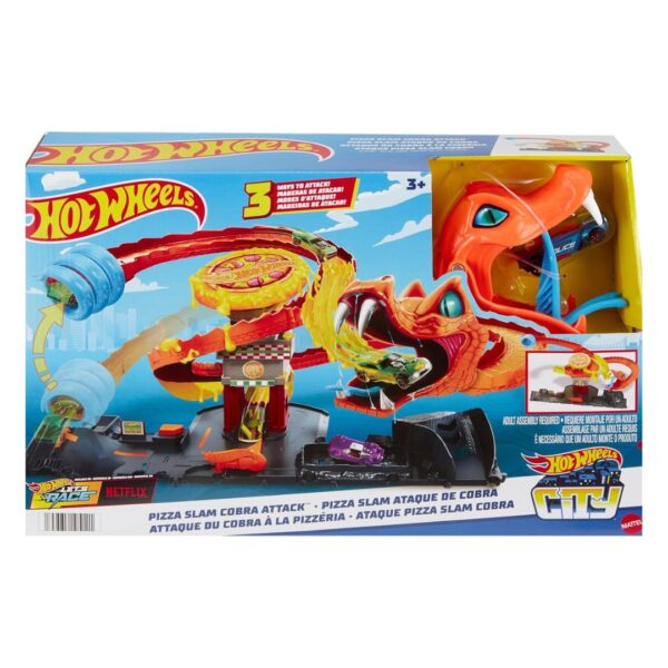 Hot Wheels City Toy Car Track Set, Pizza Slam Cobra Attack Playset, Snake Tail Spiral Track with Randomizer,