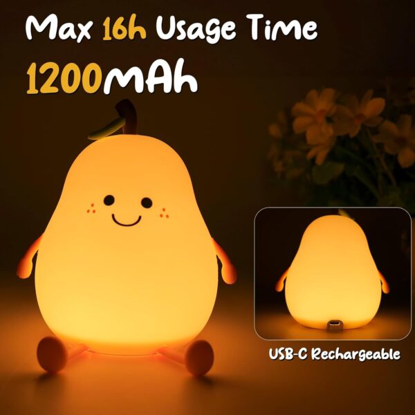 Night Light Pear Cute LED Nursery Nightlight Lamp, Tap Control Squishy Silicone - Image 5