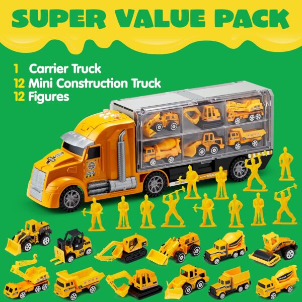 JOYIN 25 in 1 Construction Truck Vehicle Toy Set, Play Vehicles Set with Sounds and Lights in Carrier Truck - Image 6