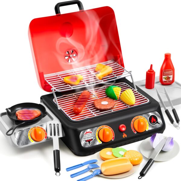 Kids BBQ Grill Playset, Kitchen Toy Set with Pretend Smoke, Light, Sound & Color-Changing Food