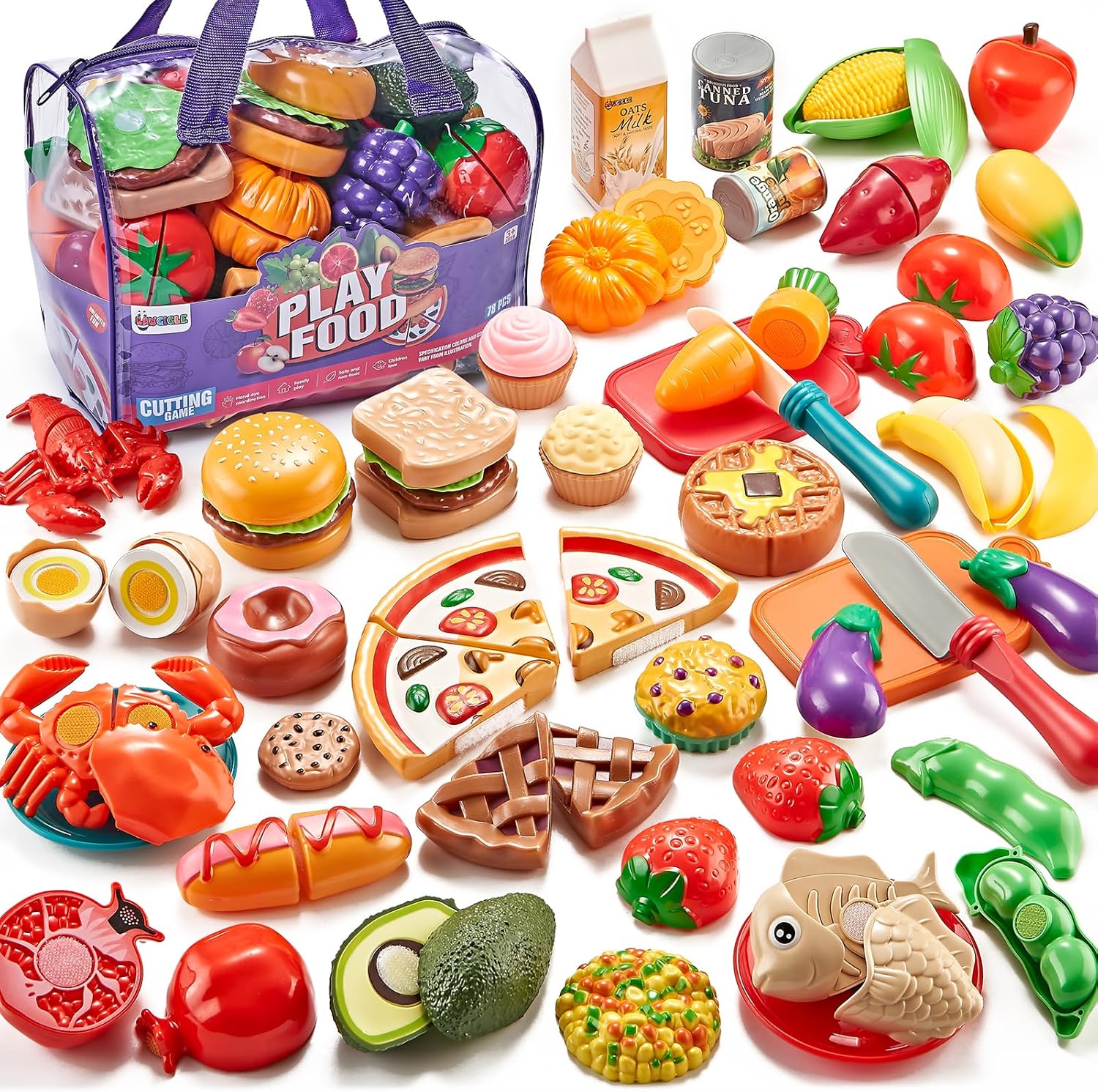 Pretend Play Food for Kids Kitchen - 78Pc Cutting Toy Food with Storage Bag, Food Toys with Veggies